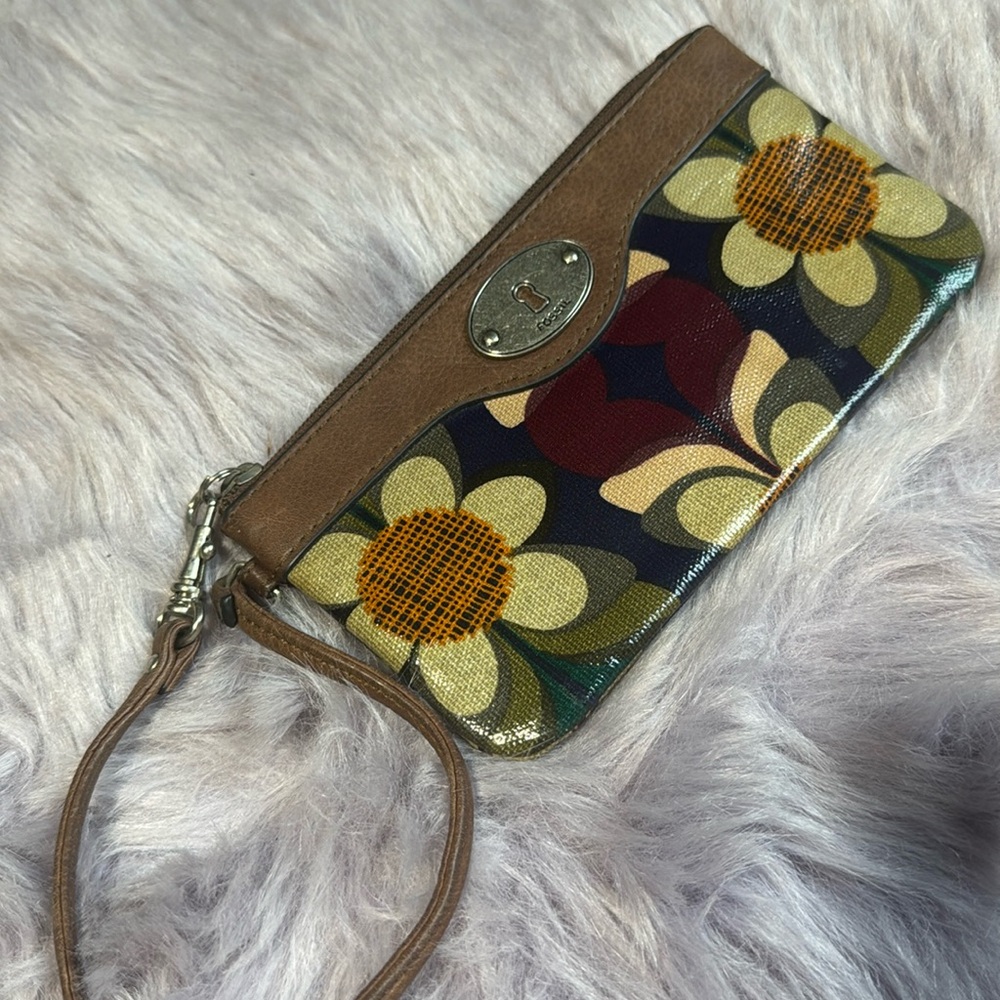 Fossil Wristlet Key-Per Vintage Boho Daisy Floral Print Leather Trim